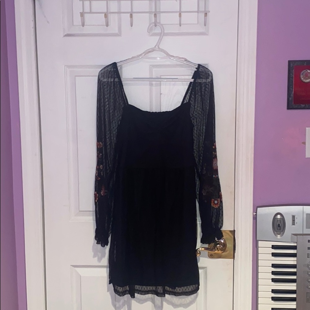 polka dot mesh dress with floral decal on sleeve